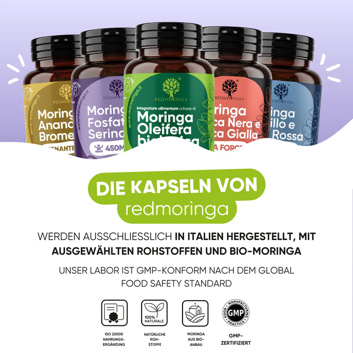 Gli integratori RedMoringa sono prodotti in Italia con Moringa biologica, laboratorio conforme GMP