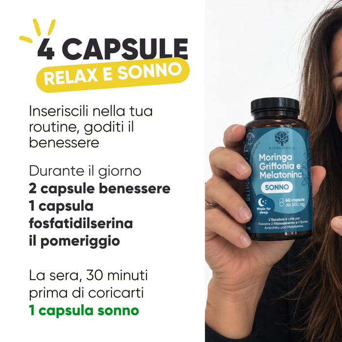 Come si usa: 2 capsule di benessere mentale di giorno, 1 di fosfatidilserina il pomeriggio, 1 capsula di sonno la sera