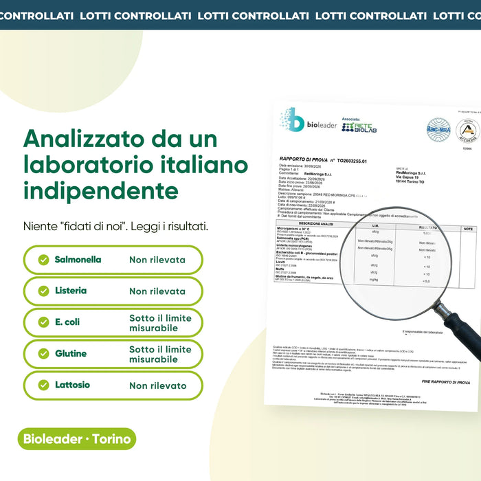 Analisi di laboratorio indipendente: salmonella, listeria, glutine, lattosio