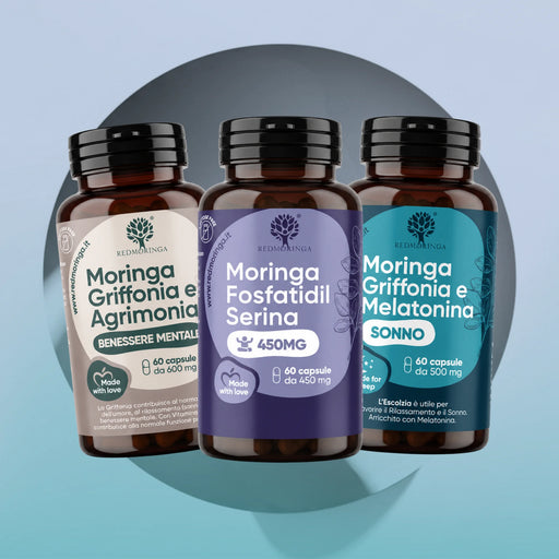 Set Relax & Sonno: capsule Moringa Griffonia, Moringa Fosfatidilserina e Moringa Melatonina