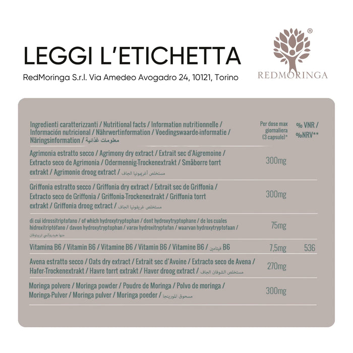 Tabella ingredienti: Agrimonia, Griffonia, vitamina B6, Avena, Moringa
