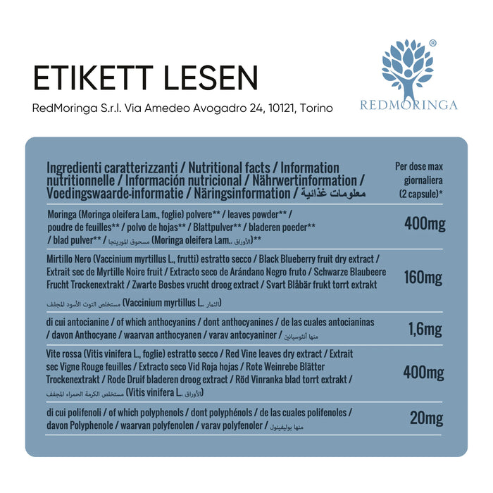 Tabella ingredienti Microcircolo: Moringa, Mirtillo nero, Vite rossa