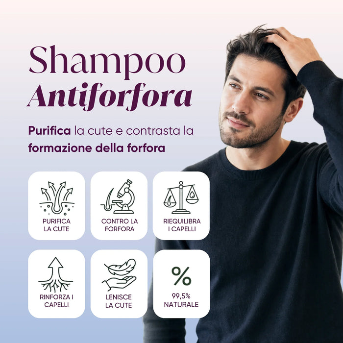 Uomo che si tocca i capelli e infografica sullo shampoo antiforfora: purifica la cute, contrasta la forfora, 99,5% naturale