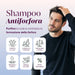 Uomo che si tocca i capelli e infografica sullo shampoo antiforfora: purifica la cute, contrasta la forfora, 99,5% naturale