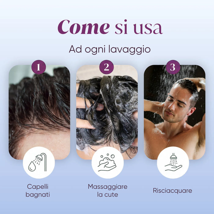 Come si usa: capelli bagnati, massaggiare la cute, risciacquare