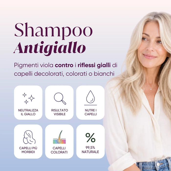 Infografica dello Shampoo Antigiallo con pigmenti viola per capelli decolorati, colorati o bianchi, 99,5% naturale