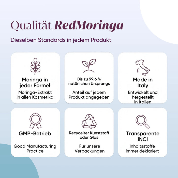 Qualità RedMoringa: Moringa in ogni formula, Made in Italy, GMP, contenitori riciclati, INCI trasparente