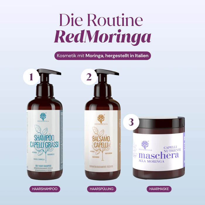 Routine RedMoringa: shampoo, balsamo e maschera capelli