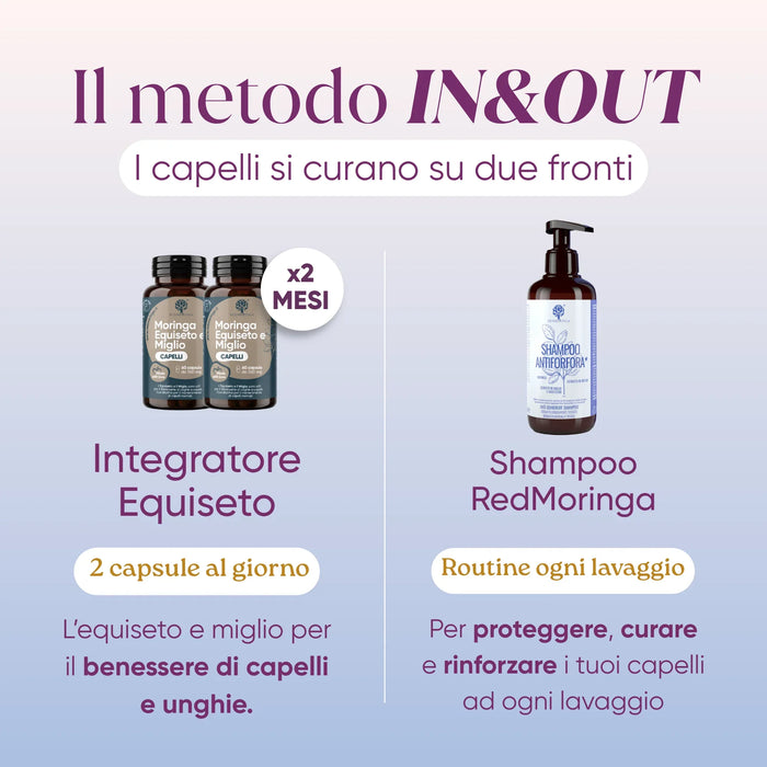 Come usare il trattamento antiforfora: 2 capsule Equiseto e Miglio al giorno per 2 mesi e shampoo RedMoringa a ogni lavaggio